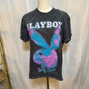 Playboy Acid Wash Graphic Tee Pink Blue Bunny Logo Y2K Style | Medium